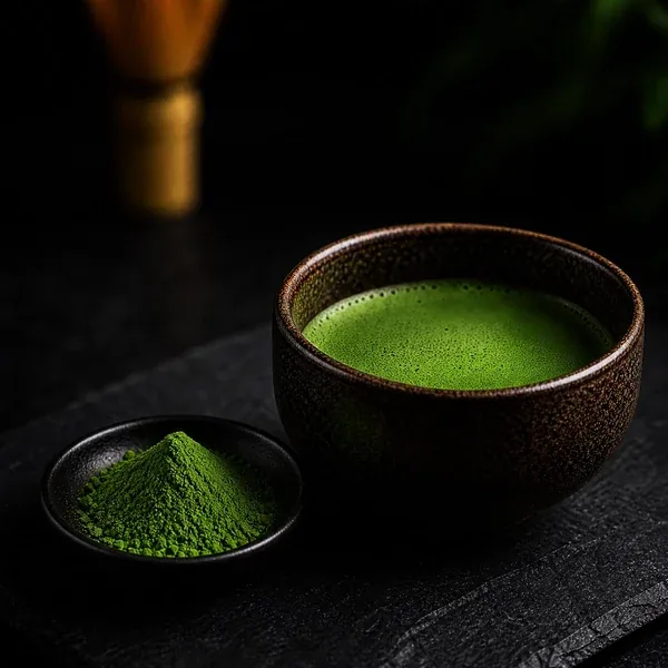 Vibrant whisked matcha in a dark tea bowl