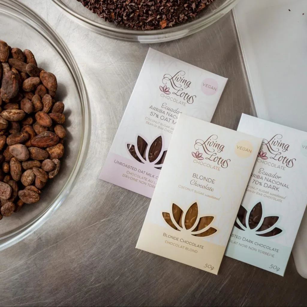 Living Lotus chocolate bars with cacao beans
