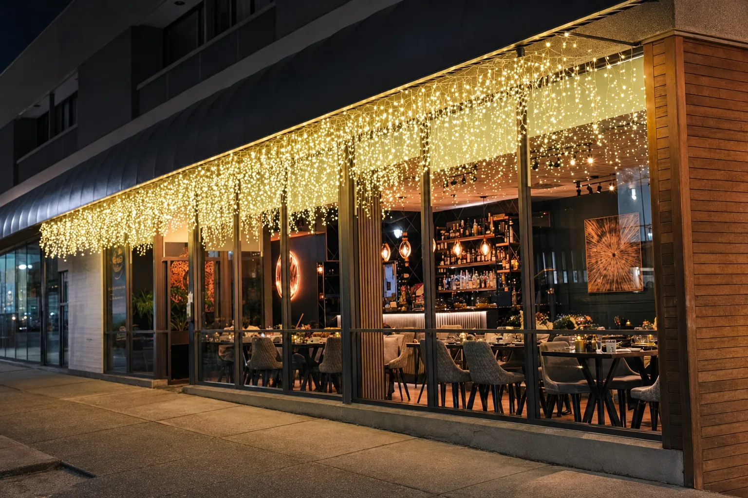 Miraas West Vancouver restaurant illuminated at night