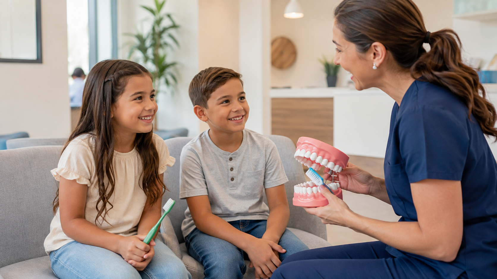 Children learning about brushing in pediatric dental clinic