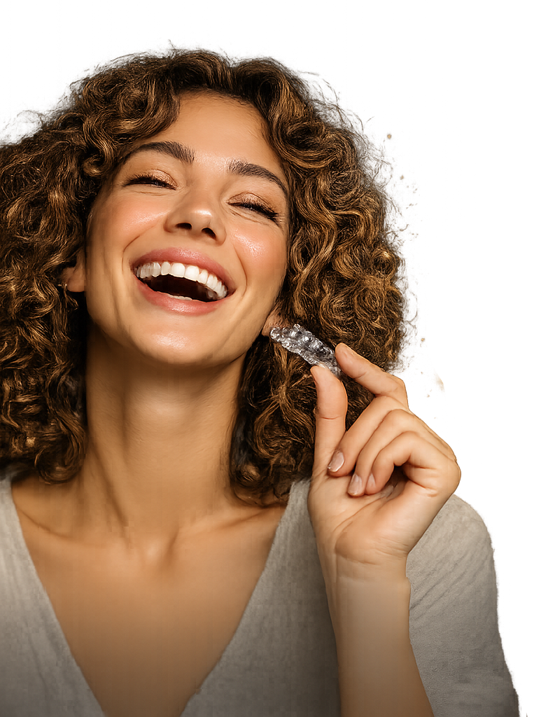 Smiling Invisalign patient holding clear aligner