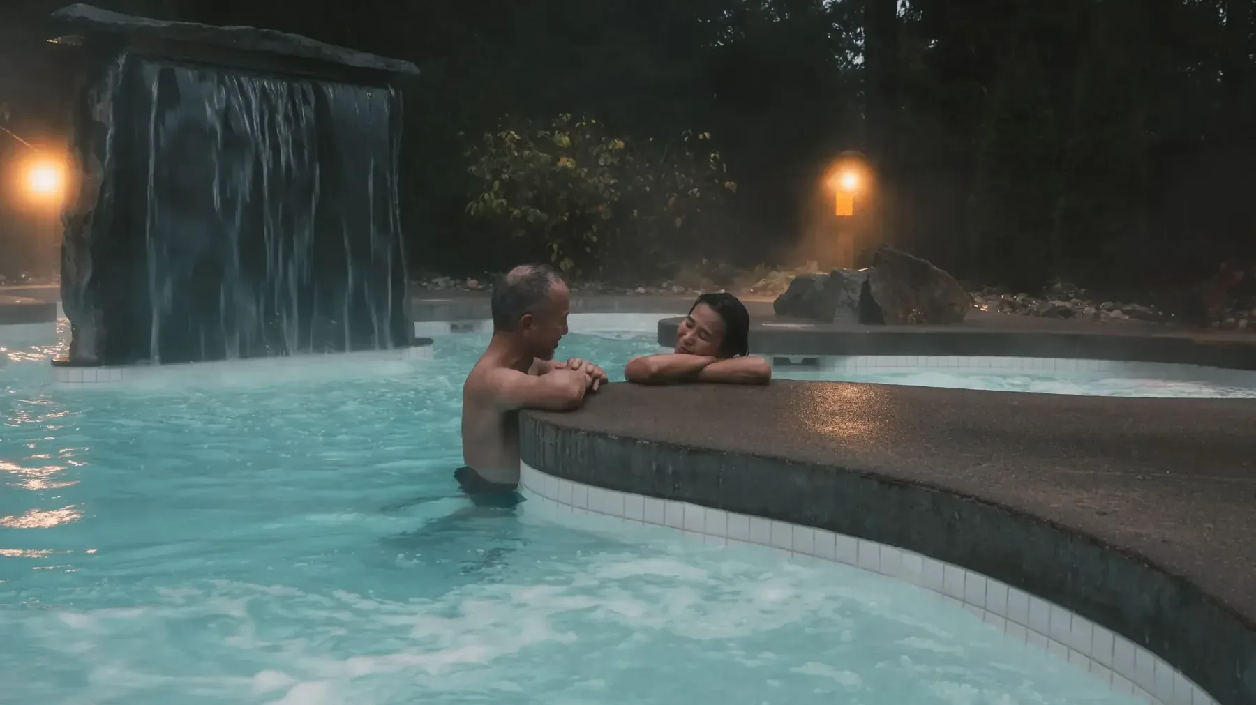 Evening hot pool at Scandinave Spa Whistler